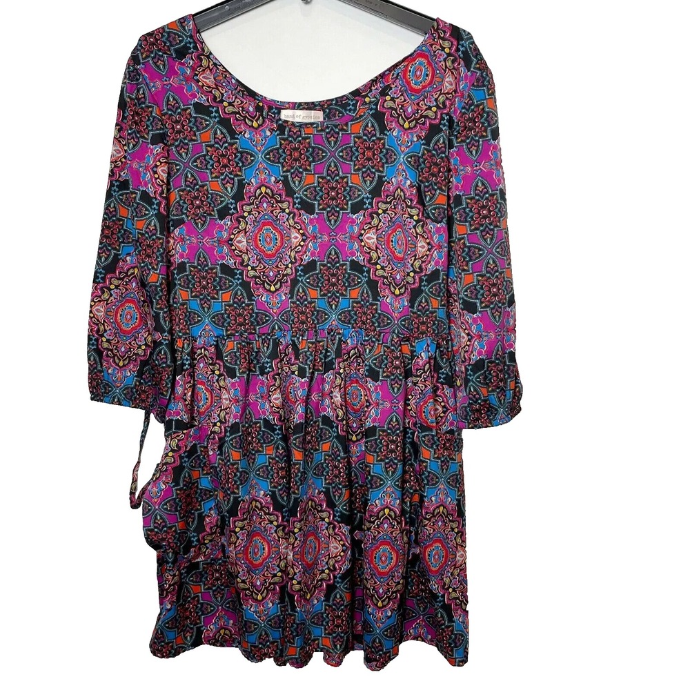 Band Of Gypsies Boho‎ Mini Dress Womens L Purple Long Sleeve Tie Waist Paisley